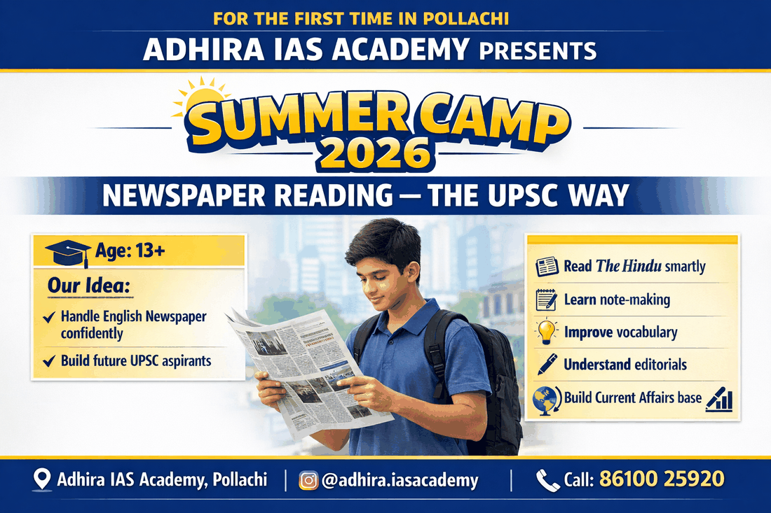 Adhira IAS Academy Summer Camp 2026 newspaper reading programme poster